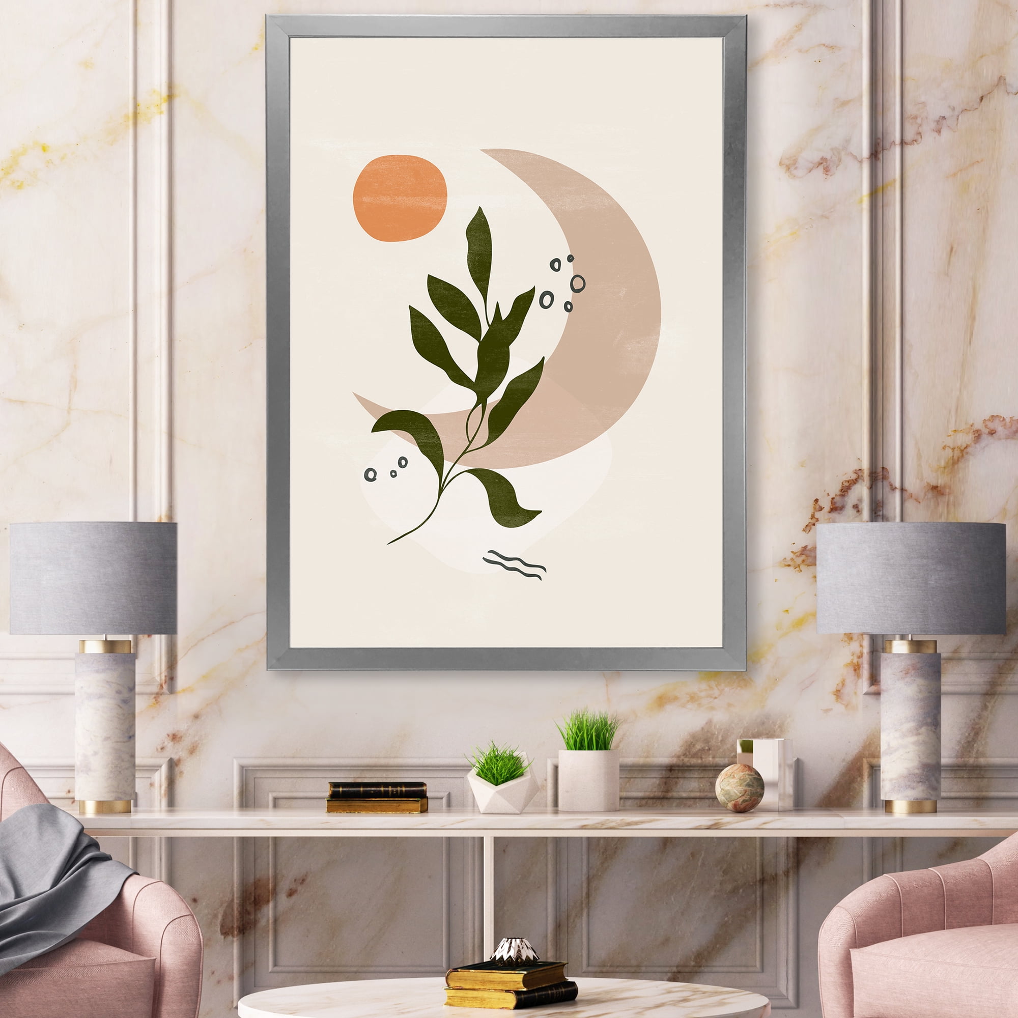 Designart 'Abstract Geometrical Leaf With Moon I' Modern Framed Art Print