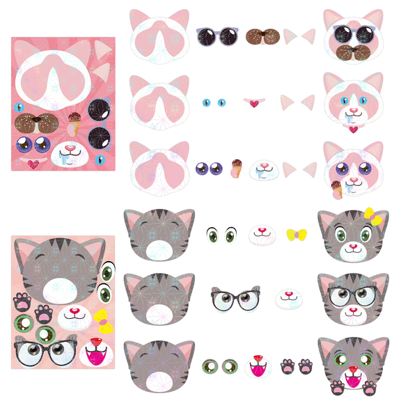 GROBRO7 Cartoon Cat Face Stickers Craft,Multi-Color Cute Expression Stickers for Scrapbook Decorations,45-Pack