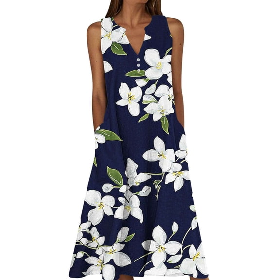 Makaor Floral Print Dresses for Women Spring A Line Midi Dresses Plus Size Sleeveless Dress V Neck Lounge Dress Navy 4XL