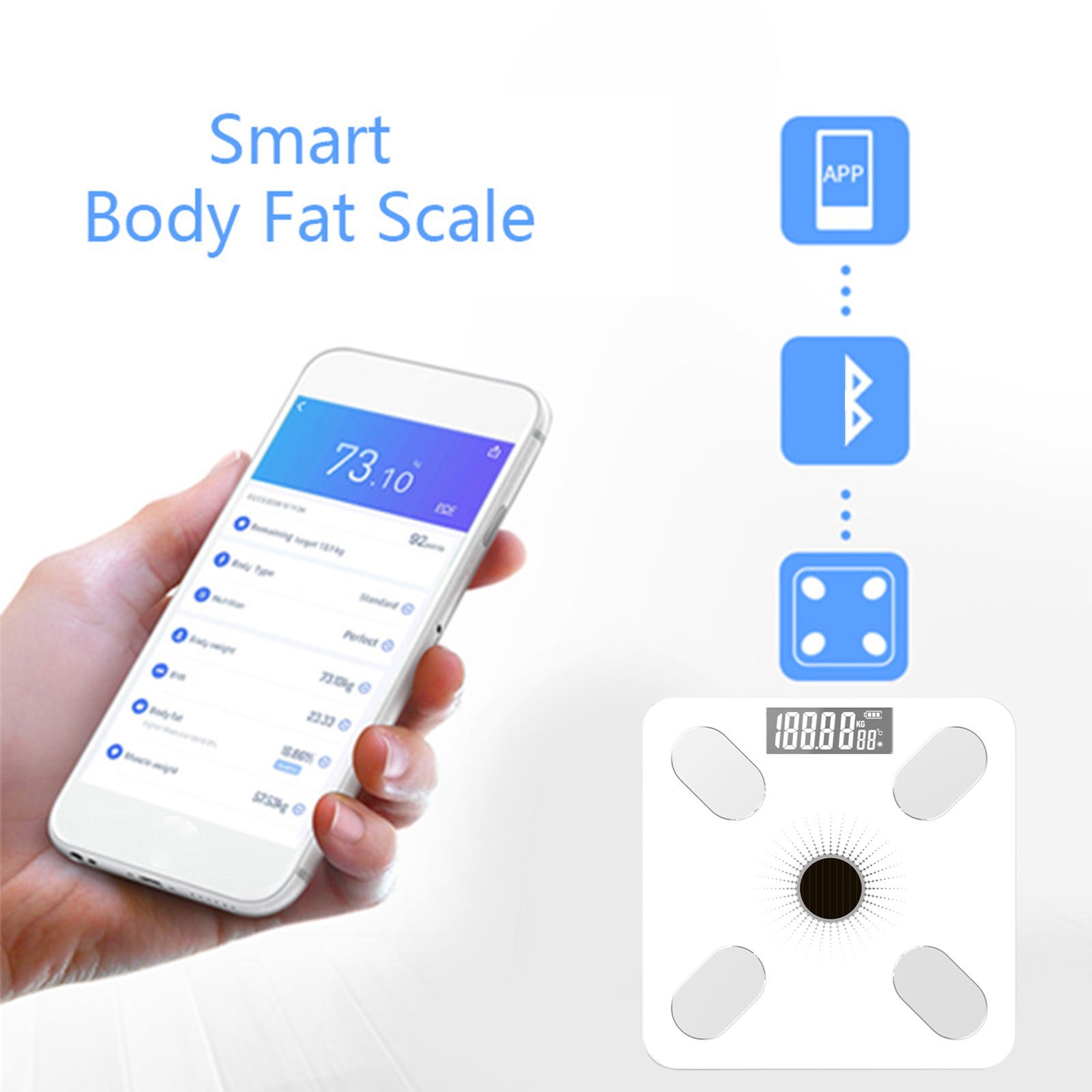 Solar Powered Digital Bathroom Scale, Body Weight and Composition Monitor with Bluetooth, Smart Scale with App, High-Precision Sensors, Extra-Large LED Display, No Battery Replacement, Glass Material