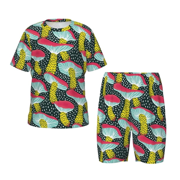 Balery Green Mushroom Conjunto de Pijama Infantil de Manga Corta con Estampado – Ropa de Dormir de Algodón Suave-Medium