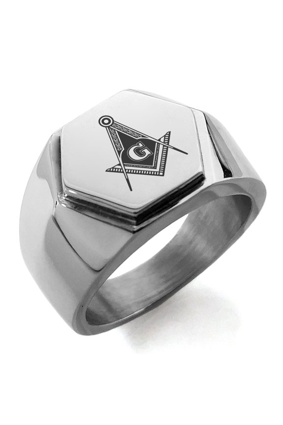 Stainless Steel Freemasons Masonic Royal Compass Engraved Hexagon Crest Flat Top Biker Style Polished Ring