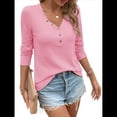 thumbnail image 2 of Blusa de Otoño con Cuello en V, Larga, Cuello Halter y Botones, Informal, Elegante, de Punto Gofre para Mujer. Rosa M, 2 of 7