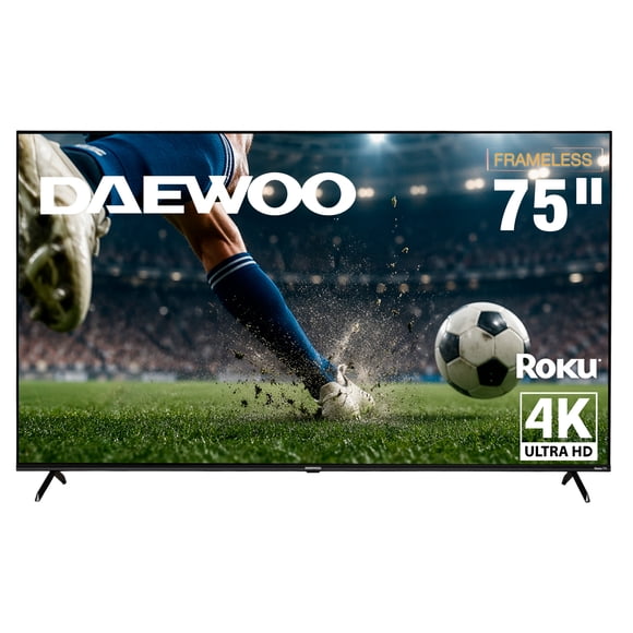 Daewoo  Smart TV 75 pulgadas  4K UHD LED  Frameless  Roku TV  Dolby Audio  WiFi  3 HDMI 2 USB AV  Netflix YouTube Prime Video  Modelo DAW75URF