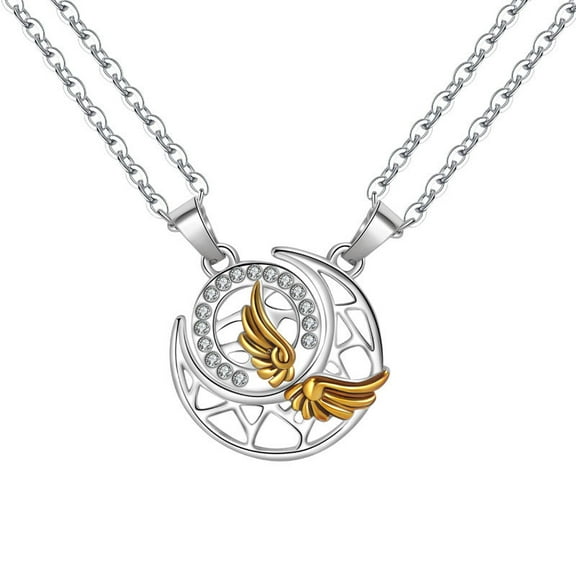 2PCS Sun and Moon Necklace for Couples Gold Angel Wings Necklace Set Dainty Rhinestone Matching Friendship Necklace Pendant Birthday Valentine'S Day Jewelry Gift for Women Lover BFF