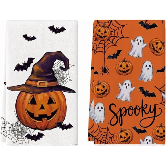 Pumpkin Spooky Halloween Kitchen Towels Set of 2 18x26 Inch | Ghost Bats Orange Hand & Dish Towels,Ultra Absorbent,Seasonal Farmhouse Decoration