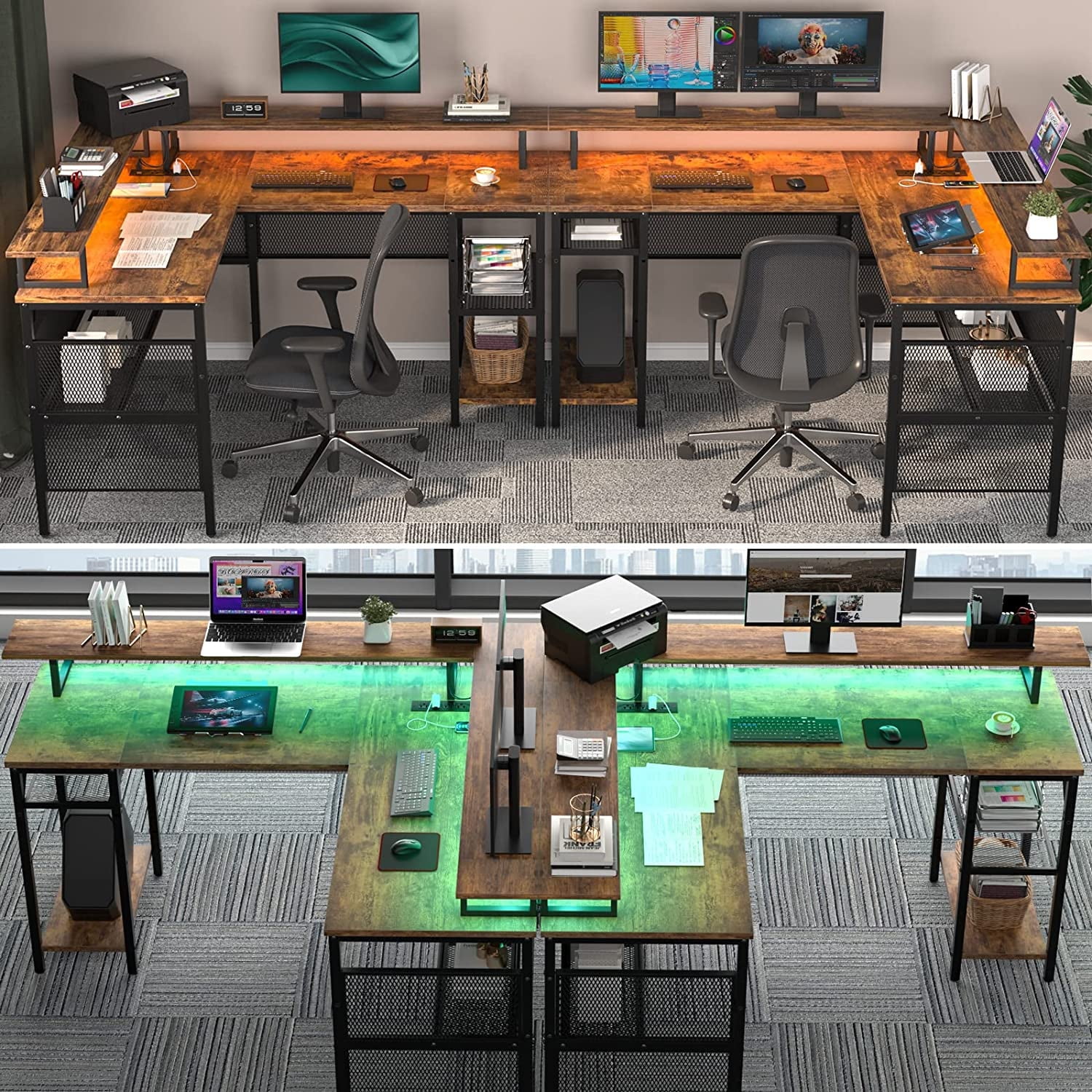 iSunirm L Shaped Computer Desk, Corner L Shaped Desk with Power Outlet and LED Light Strip, Reversible L Desk with Monitor Stand, Ergonomic 2 Person Office Desk for Home and Office, Rustic Oak