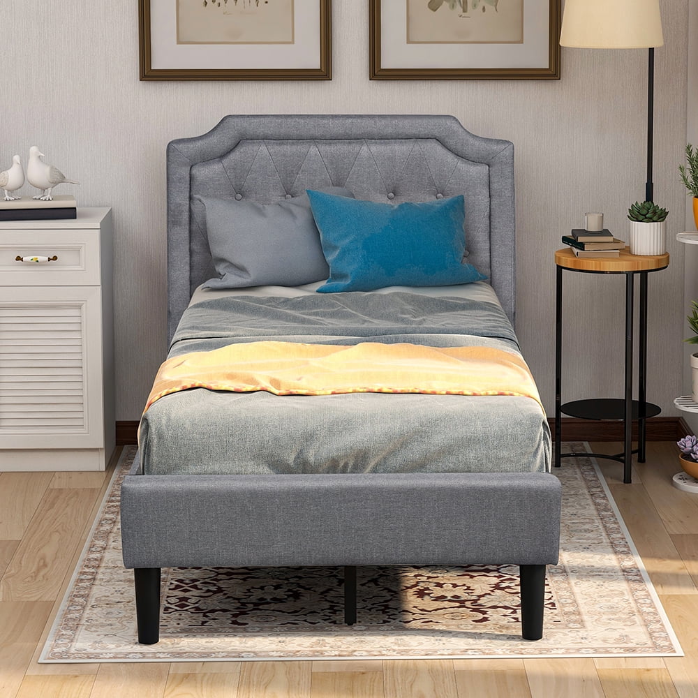 Kepooman Twin Size Upholstered Scalloped Linen Platform Bed with Headboard, 83.6”L x 43.3”W x 43.2”H, Gray Kepooman Twin Size Upholstered Scalloped Linen Platform Bed with Headboard, 83.6”L x 43.3”W x 43.2”H, Gray