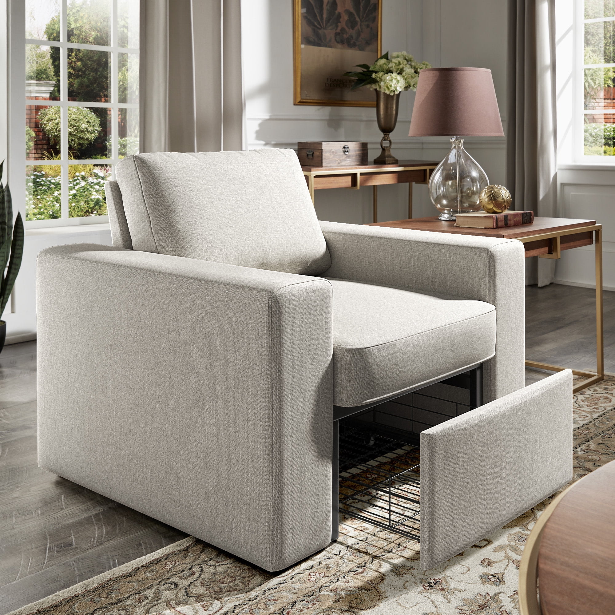 Weston Home Glen Park Modern Linen Accent Chair with 1 Hidden Metal Wire Storage Drawer, Ivory