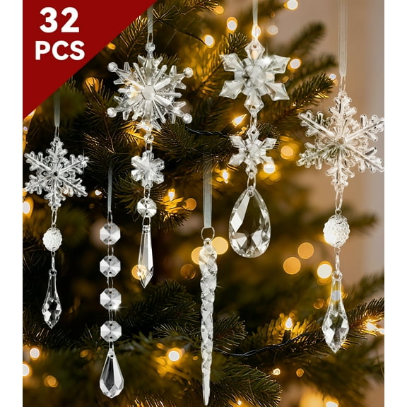 Inadays 32pcs Crystal Christmas Ornaments Set - Clear Acrylic Snowflake & Icicle Drop Hanging Decor for Tree, Winter Wonderland Party