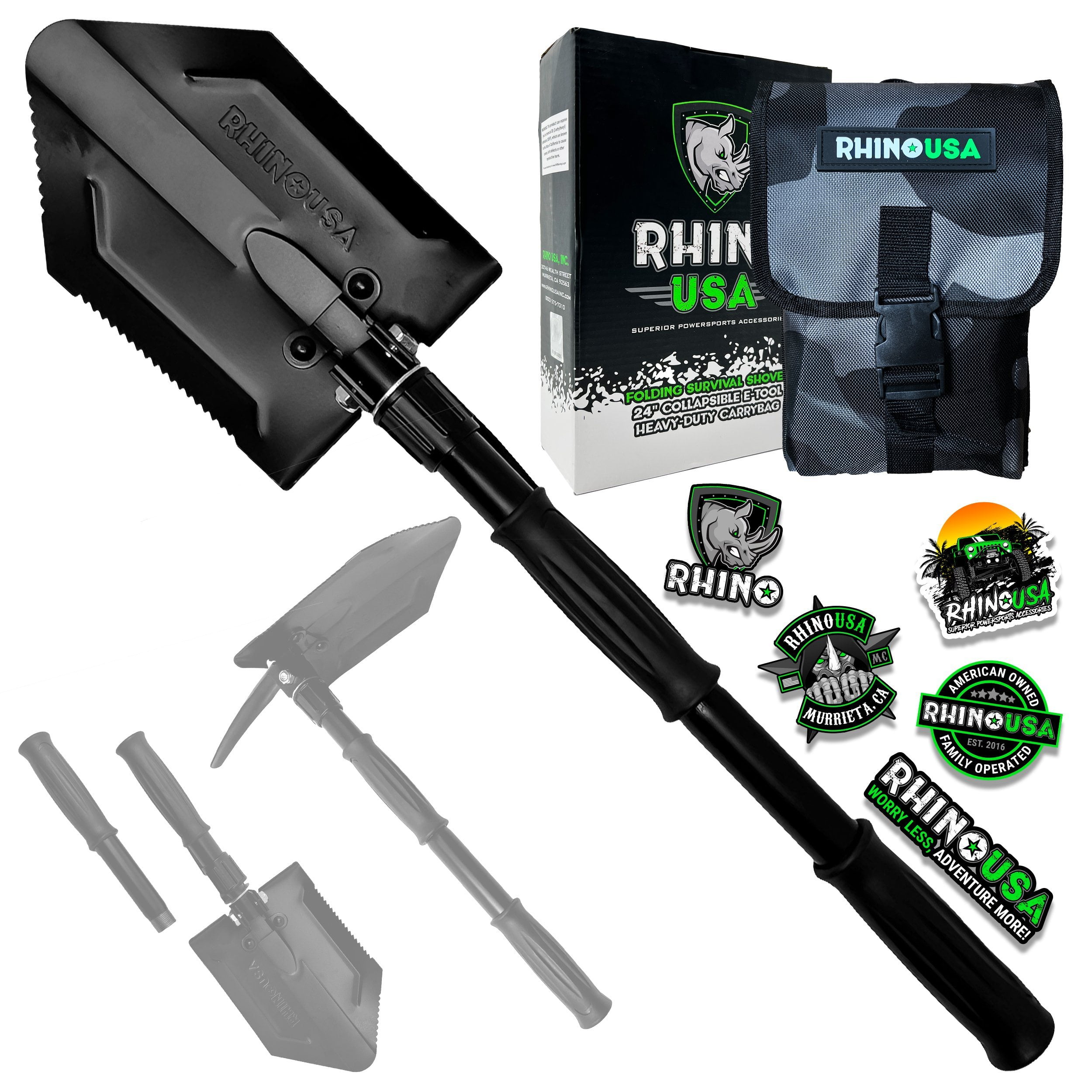 Rhino USA Survival Shovel with Pick Heavy Duty Carbon Steel