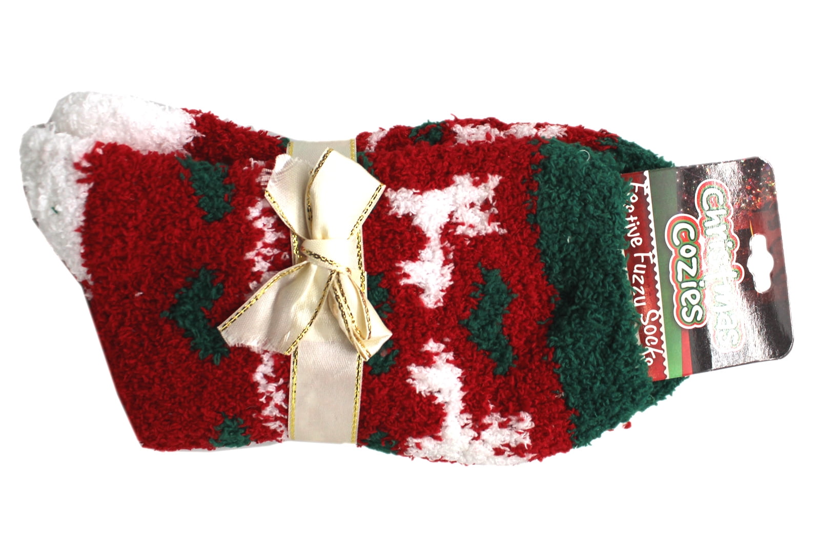 Christmas Cozies Red and Green Fuzzy Socks With White Reindeer