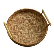 Serving Storage Tray,Hand-Woven Rattan Storage Tray Wicker Basket,Round Handwoven Serving Tray Food Baskets,Decorative Organizer Tray with Handles,Woven Serving Tray Breakfast 24x3cm