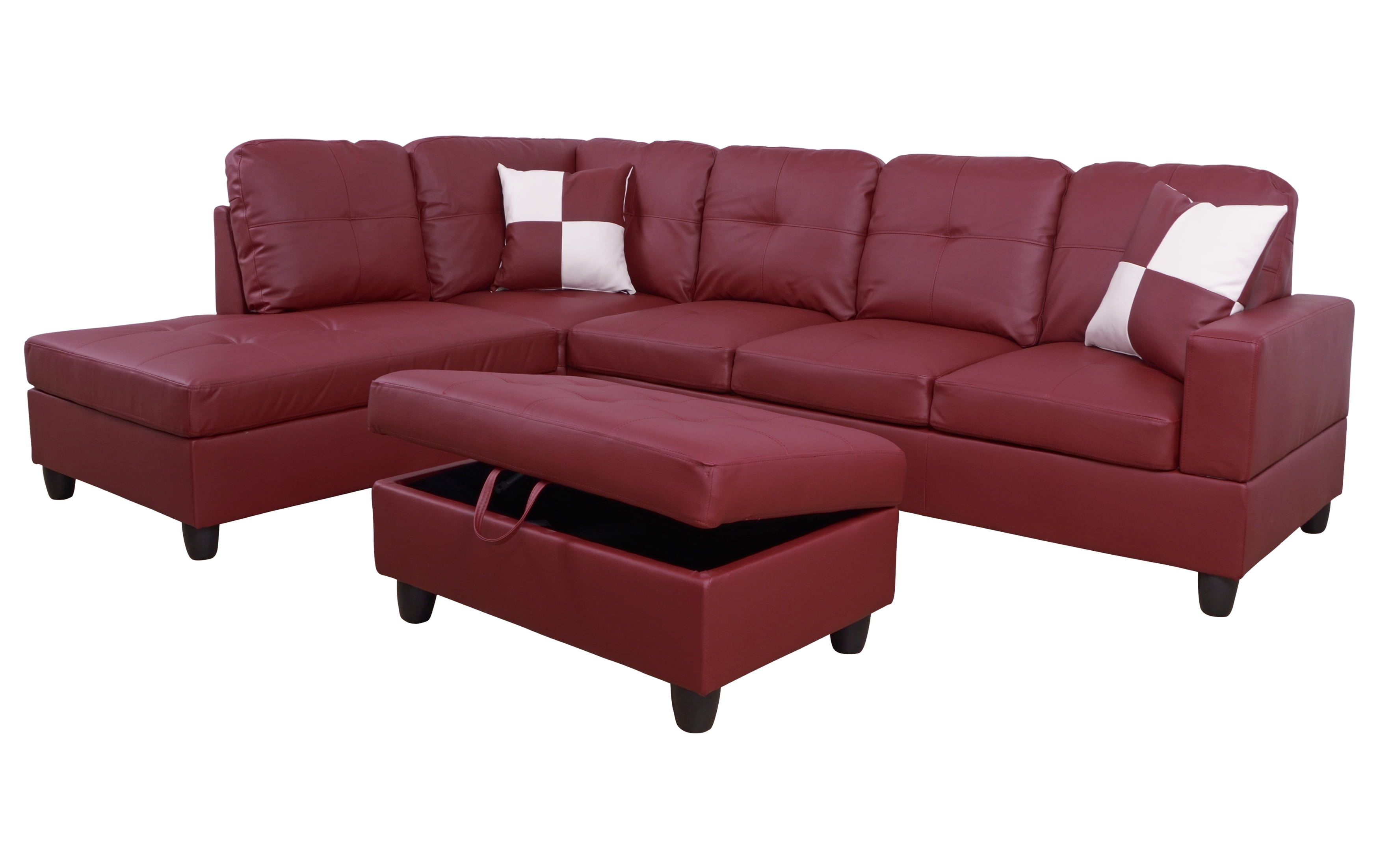 Aycp Furniture L Shape Traditional Sectional Sofa Set With Ottoman Left Hand Facing Chaise Faux Leather Upholstery Material Red Color More