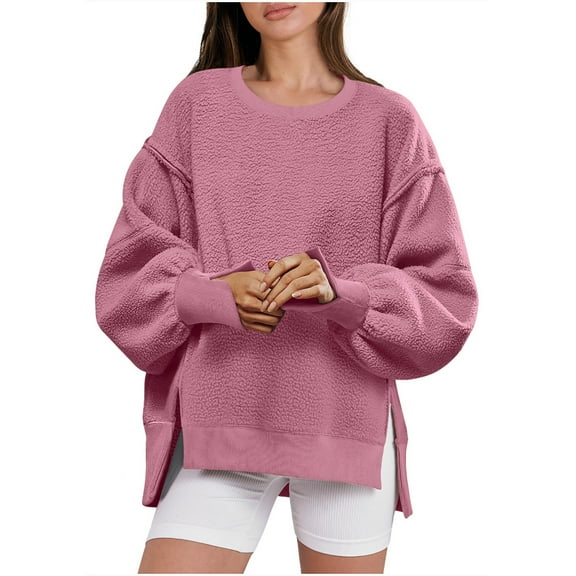 UYISJ Women's Sherpa Fleece Sweatshirts Oversized Long Sleeve Thick Warm Pullover Sweater Fall Thermal Solid Color Shirts Pink L