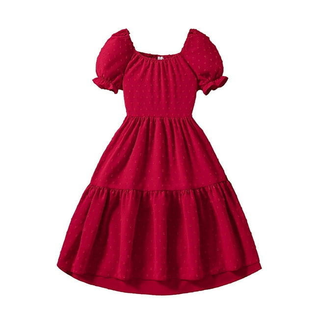 aDJFDGT Robes pour Filles 10-12 Robe à Manches Courtes Unie à Imprimés pour Tout-Petites Robes de Fête de Danse Vêtements