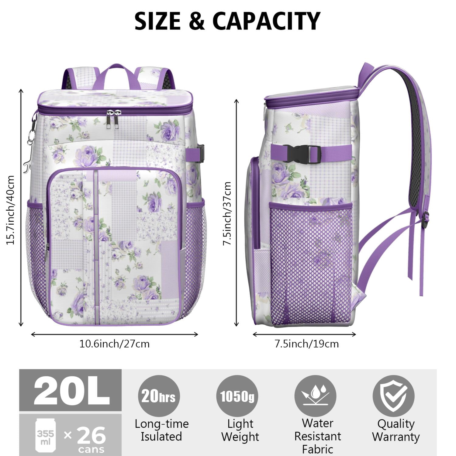 Travel Cooler Bag - Pioneer Flower Floral Print Pattern Camping Beer Cooler Backpack with Bottle Opener- Waterproof Insulated Picnic Backpacks - Cooler Bag for Beach