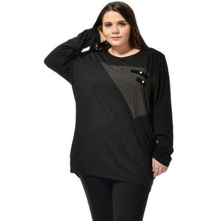 - Women's Plus Size Scoop Neck Fake Pocket Embellished Tops Black (Size 18W)