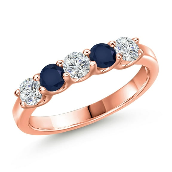 Gem Stone King 18K Rose Gold Plated Silver Lab Grown Diamond and Blue Sapphire Wedding-Bands Ring for Women | 0.95 Cttw | Round 3.5MM | Gemstone April Birthstone | Size 8