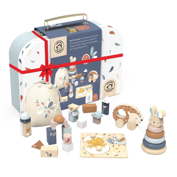 SPEEDY MONKEY Mi Primera Caja de Juguetes: Set de Juguetes Infantiles de Madera Multicolor con Certificación FSC. Incluye Bloques de Construcción, Conejo Apilable, Rompecabezas de Pollito y Erizo para