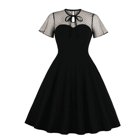 IBTOM CASTLE Women's Vintage 1950s Cocktail Party Polka Dots Prom Audrey Tea Dress Retro Swing Hepburn Party Gown M Black