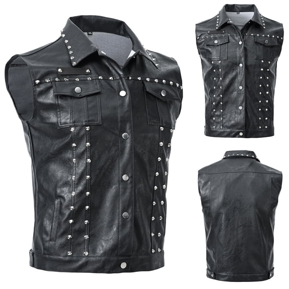 Mens Rivet Faux Leather PU Vest Punk Party Studded Slim Fit Male Sleeveless Waistcoat for Men Black