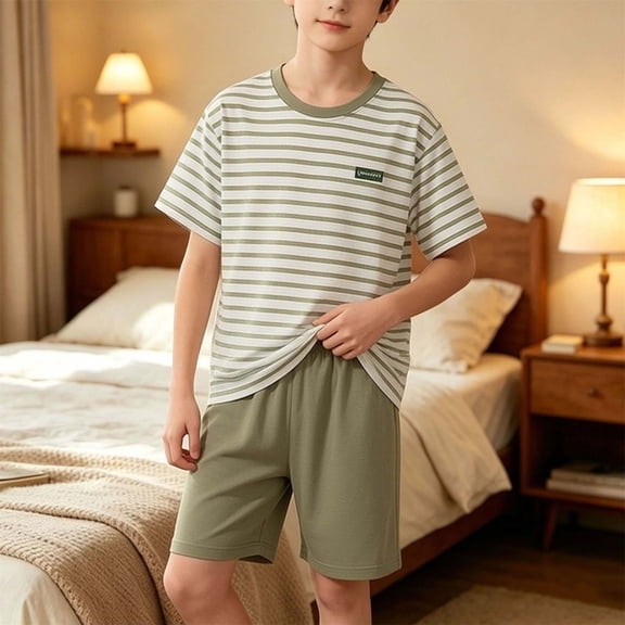SGFCWSX Boys Summer 2 Piece Set Striped Short Sleeve T-Shirt and Elastic Waist Shorts Casual Loungewear Army Green Size 10