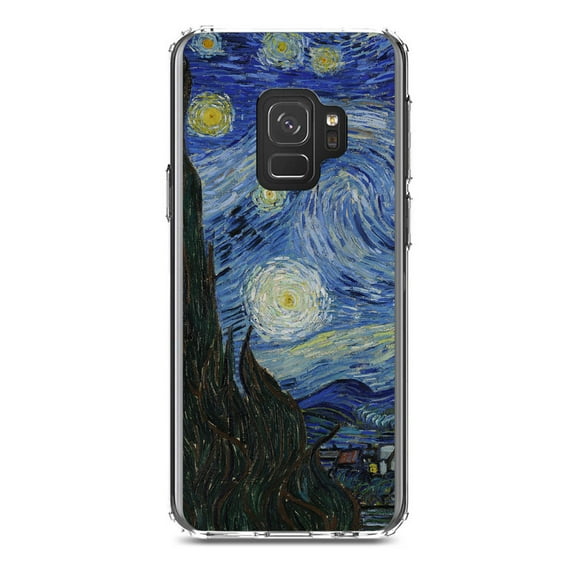 DistinctInk Clear Shockproof Hybrid Case for Samsung Galaxy S9 (5.8" Screen) - TPU Bumper, Acrylic Back, Tempered Glass Screen Protector - Van Gogh Starry Night - Classic Art