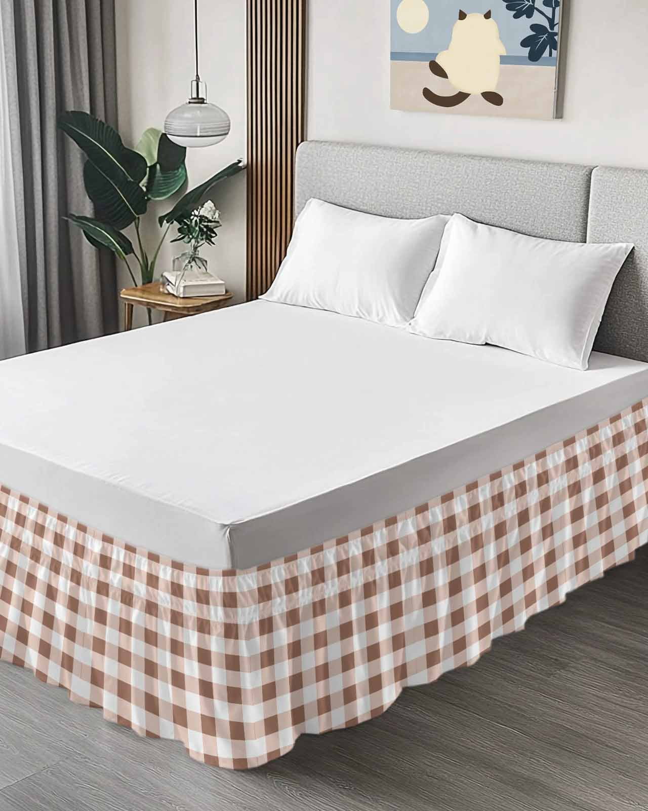 Brown Checkered Wrap Around Bed Skirts for Queen Bed 18" Drop, Bed Skirt with Adjustable Elastic Belt Dust Ruffle Bed Valance for Bedroom Hotel Luxury Farmhouse Buffalo Plaid Bed Frame Cover
