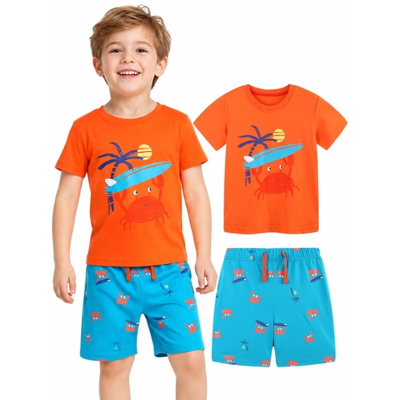 HILEELANG Toddler Boy Summer Short Clothes Sets Outfits Easter Cotton Orange Crab Shirts Shorts Playwear 2T