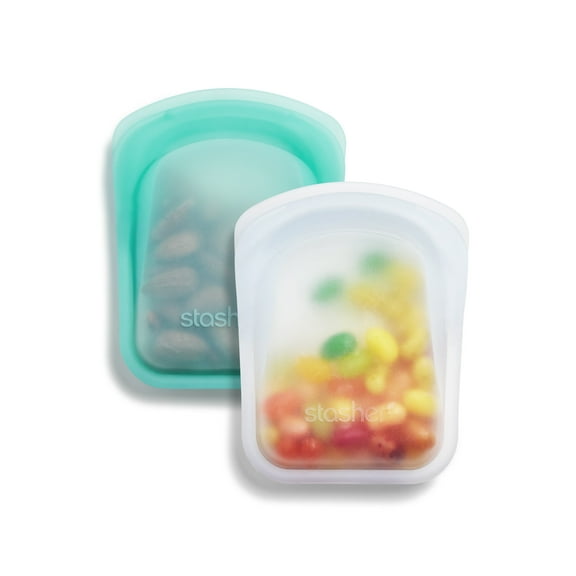 Stasher Premium Silicone Reusable Food Storage Container, Holds 4 oz, Pinch Loc Seal, BPA Free, Dishwasher Safe/Leak Free, Clear & Aqua, 2 Pack Bags
