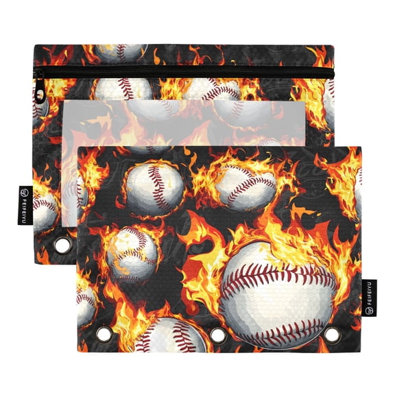 ALAZA 2 Pack Pencil Pouch Baseball with Fire Pencil Case for 3 Ring Binder Clear Window Pencil Bag Organizers