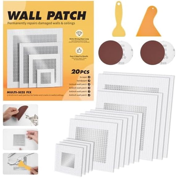 20 Pack Drywall Patch, 2/4/6/8 Inch Drywall Repair Patch, Large Hole Patch Repair for Drywall, Quick & Easy Wall Repair, Use with Wall Filler & Spackle$$Tools & Hardware Other
