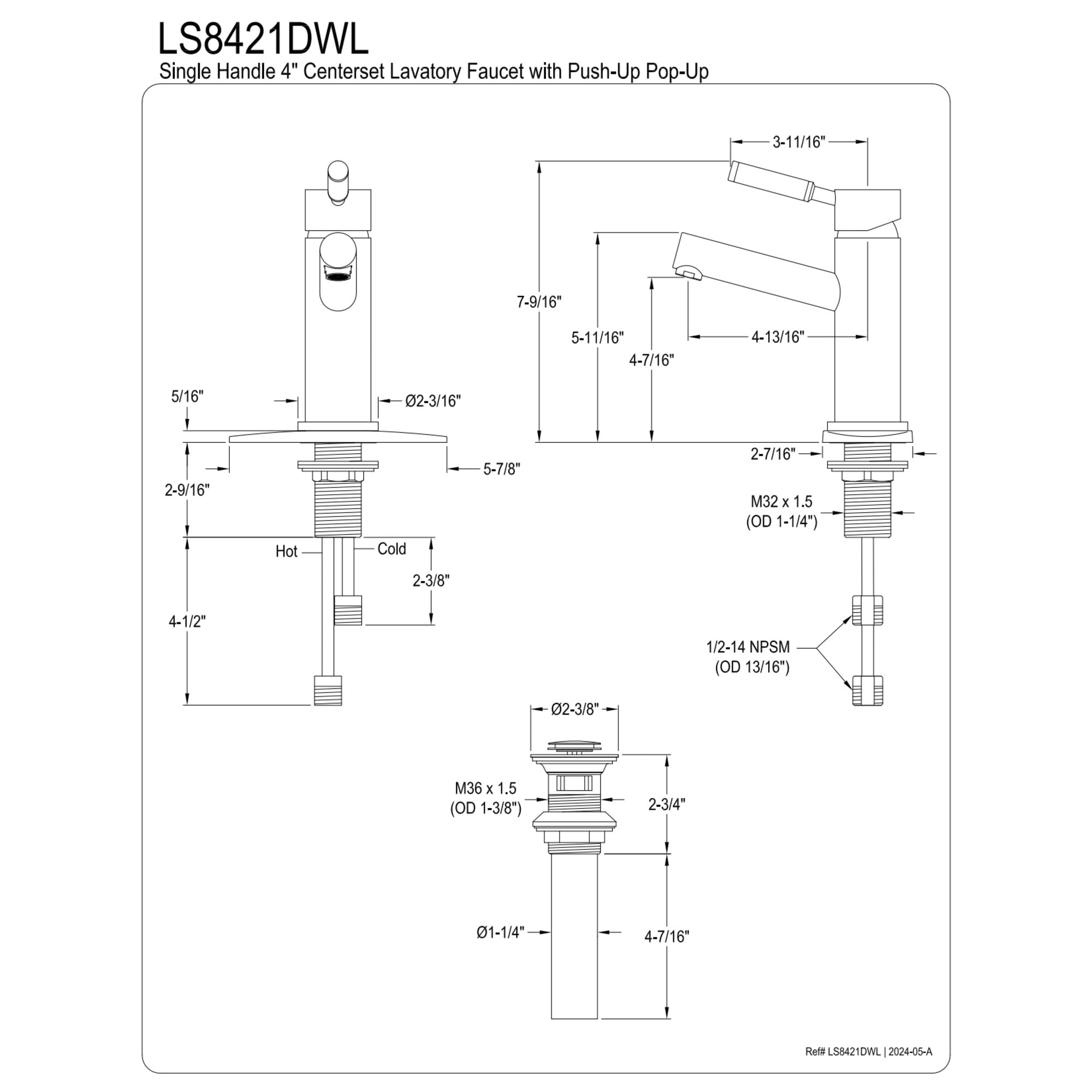 Kingston Brass LS8421DWL Wellington One-Handle Single-Hole Bathroom Faucet with Deck Plate and Push Pop-Up Drain, Polished Chrome
