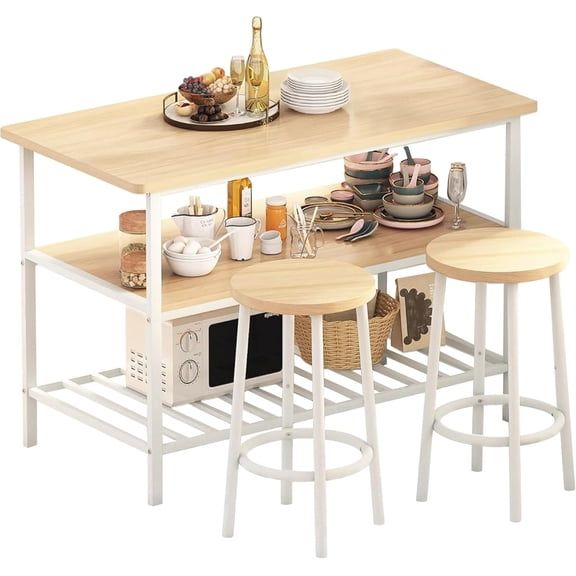 Island Table with Seating and Storage, Beige, 3 Shelves, Wooden Counter Height Table Top, 2-piece Bar Table Set for Small Space