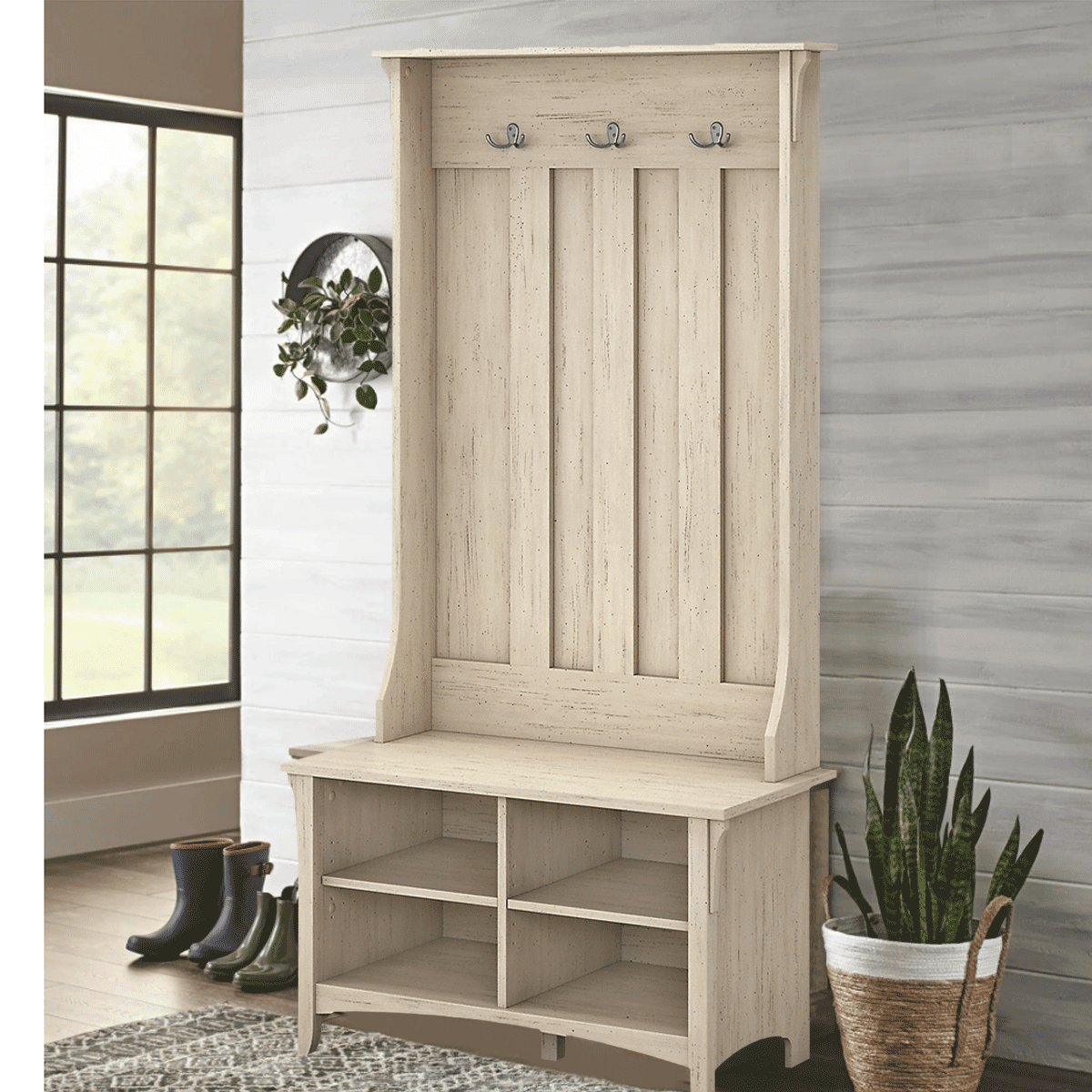 Hall Tree with Storage Bench, 3in1 Entryway Bench with Coat Rack, Hall Tree w/4 Open Cubby