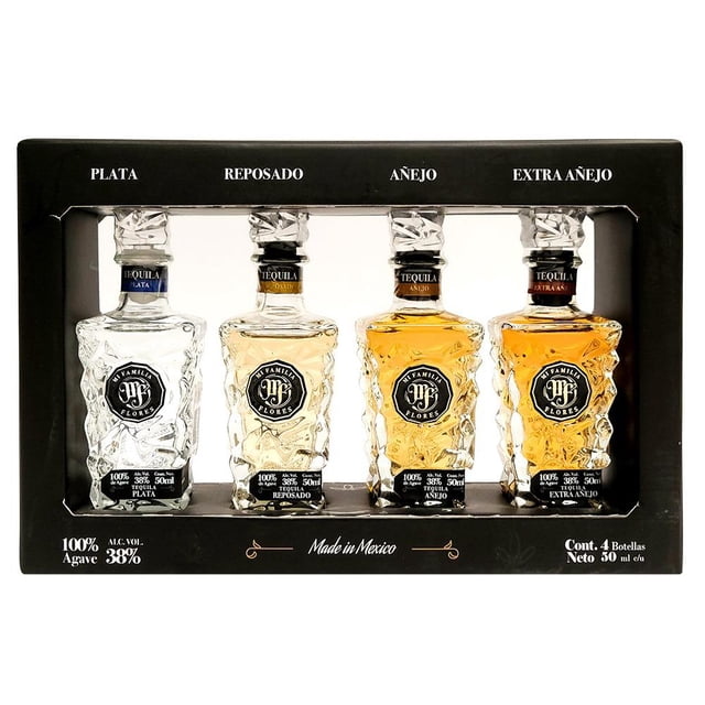 Four Pack Tequila Mi Familia Flores Tequila Blanco Reposado Añejo y Extra Añejo 50ml C/u