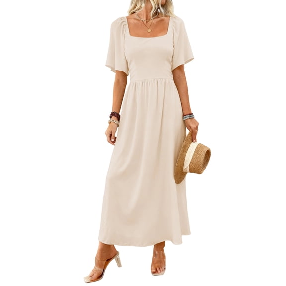 CharmCyan Women Square Neck Short Sleeve Maxi Dress Elegant Loose Fit Flowy Long Dress Summer Casual Solid A Line Sundress Beige L