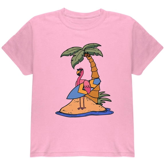 Flamingo Summer Palm Tree Youth T Shirt Light Pink YLG