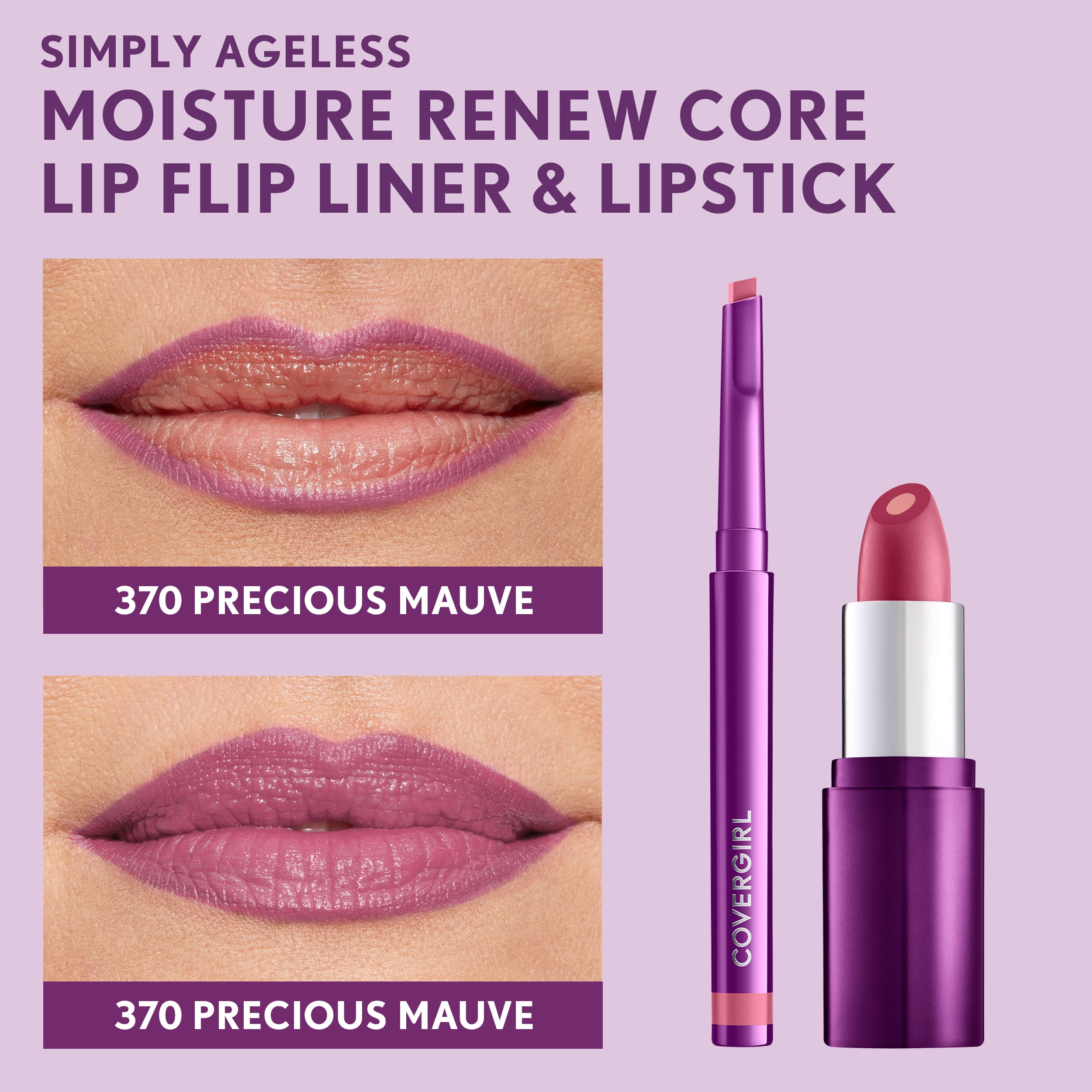 (2 pack) COVERGIRL Simply Ageless Moisture Renew Core Lipstick, 370 Precious Mauve, 0.14 oz
