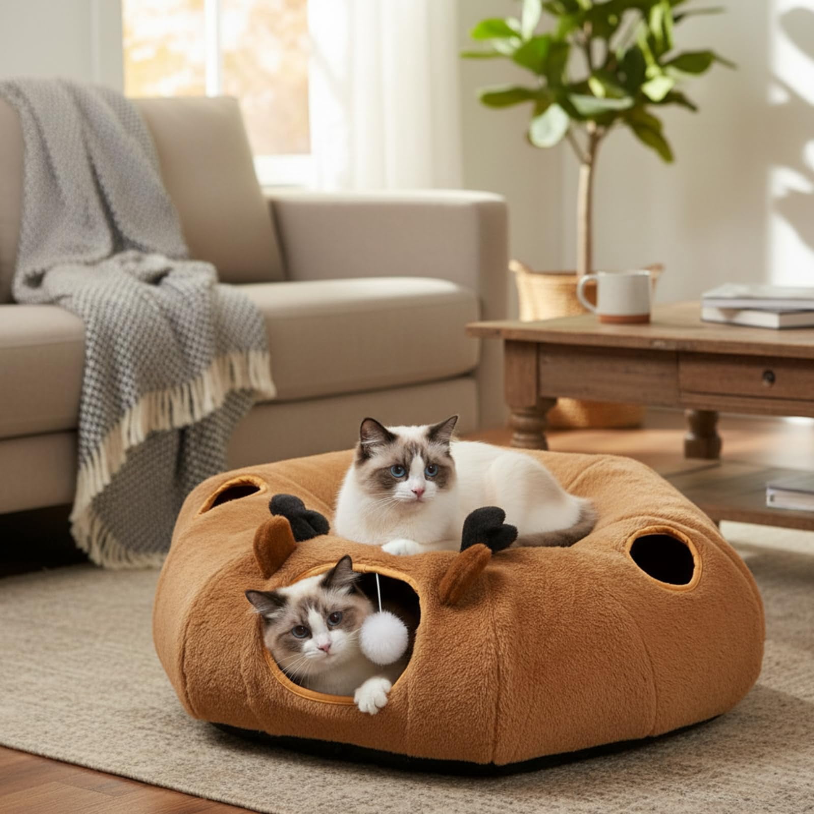 Cat Tunnel Bed With 20 Interactive Toys  3-in-1 Diy Collapsible Plush Tube Washable Mat Large Indoor Play Cave For Kittens And Small Animals