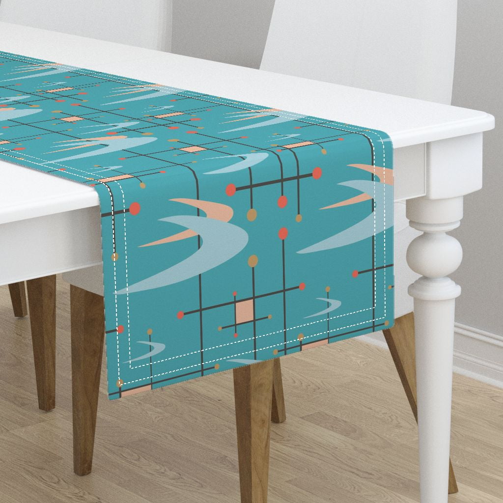 Table Runner Mid Century Modern Boomerangs Turquoise Blush Pink Cotton