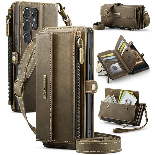 Funda tipo cartera para Samsung Galaxy S25 Ultra, de piel sintética con bloqueo RFID, con función atril, correa para la muñeca, cremallera y ranura para tarjetas de crédito