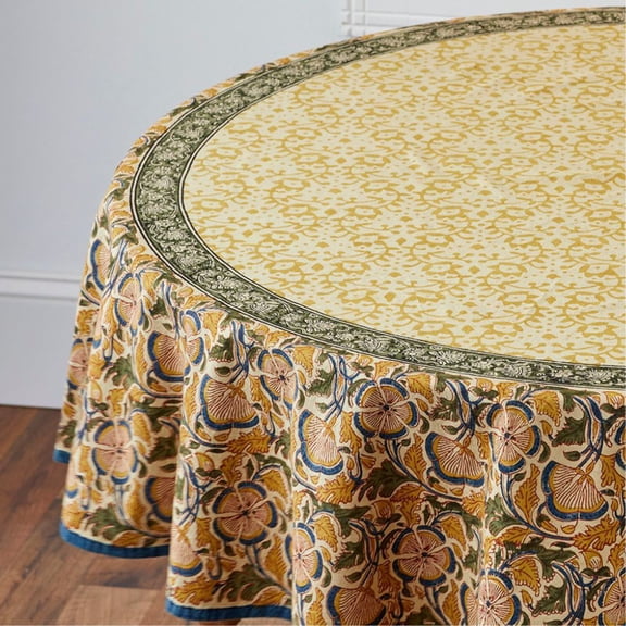 Kalamkaari Beige Floral 70 Round Tablecloth