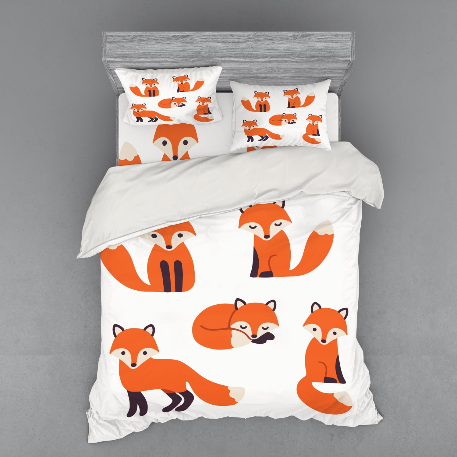 Fox Duvet Cover Set, Cartoon Foxes in Modern Style Sitting and Sleeping