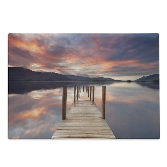 Landscape Cutting Board, Flooded Jetty in Derwent Water Lake District England Sunset Morning Photo, Decorative Tempered Glass Cutting and Serving Board, Large Size, Coral Purplegrey, by Ambesonne