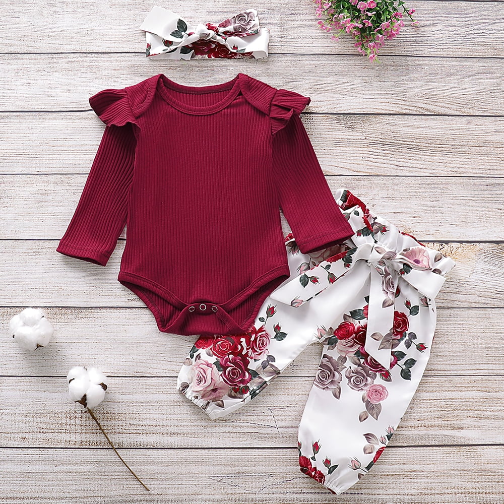Newborn Baby Girls 3PCS Outfit Set Long Sleeve Solid Color Ribbed