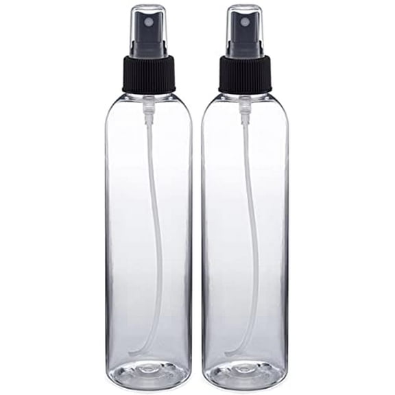 Fine Mist Spray Bottles 8 OZ, Empty Refillable Containers - Essential Oils, Disinfectant Spray, Water 2 PACK (Clear, Black Mist)