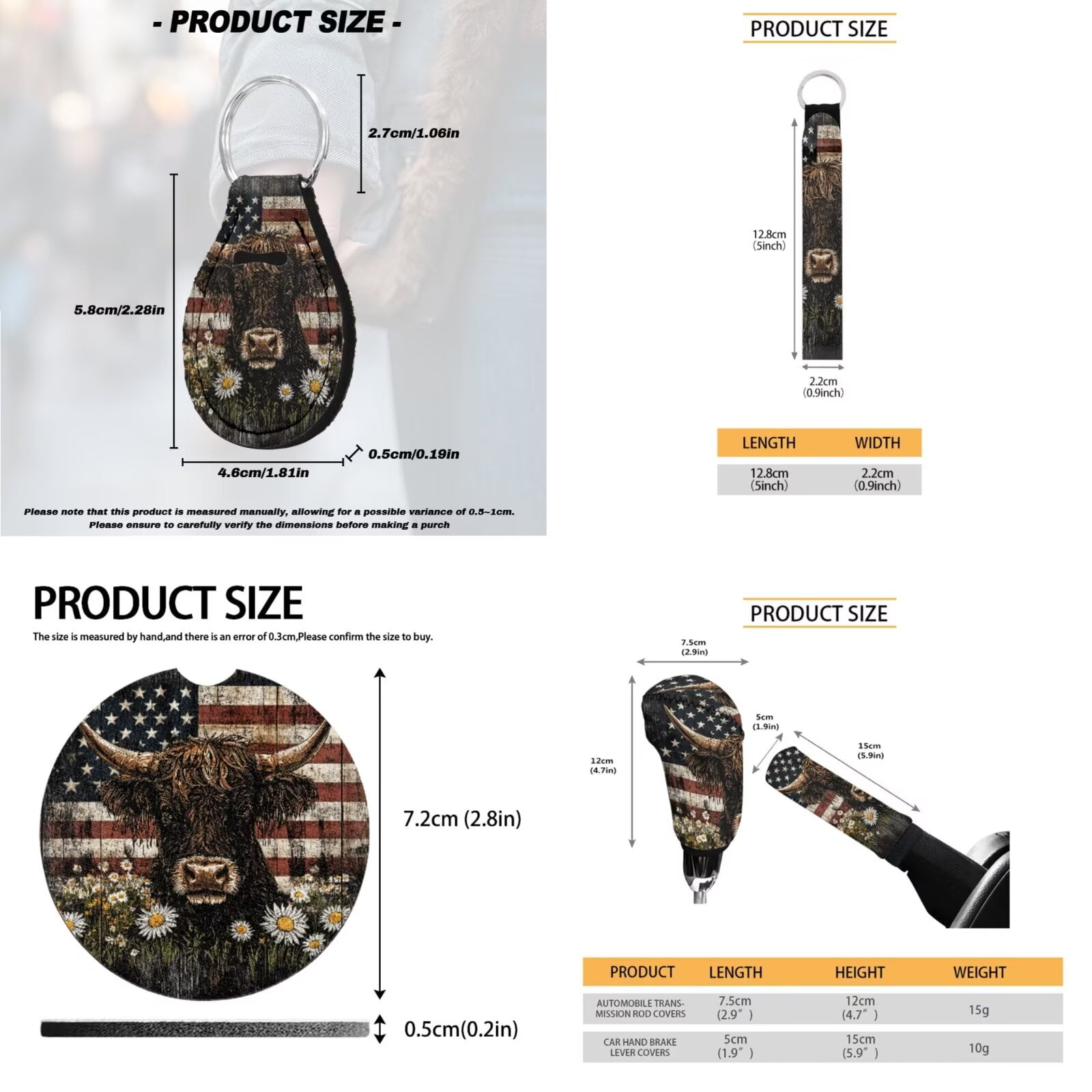 Uorisanigo Highland Cow US Flag Car Seat Covers Full Set 18 Pack Steering Wheel Cover+Seatbelt Pads+Center Console Pad+Headrest +Shift Knob & Handbrake Cover+Coasters+Keychain Keyrings
