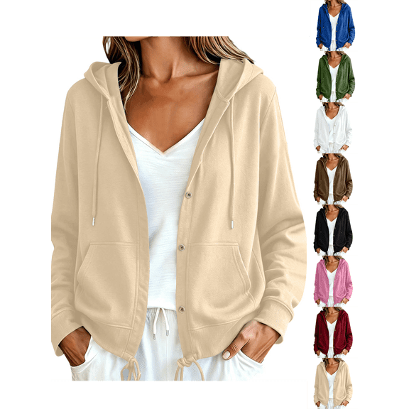Hoodies for Women Nelozsy Women's Button-down Solid Color Loose Long-Sleeved Hooded Tops Beige M